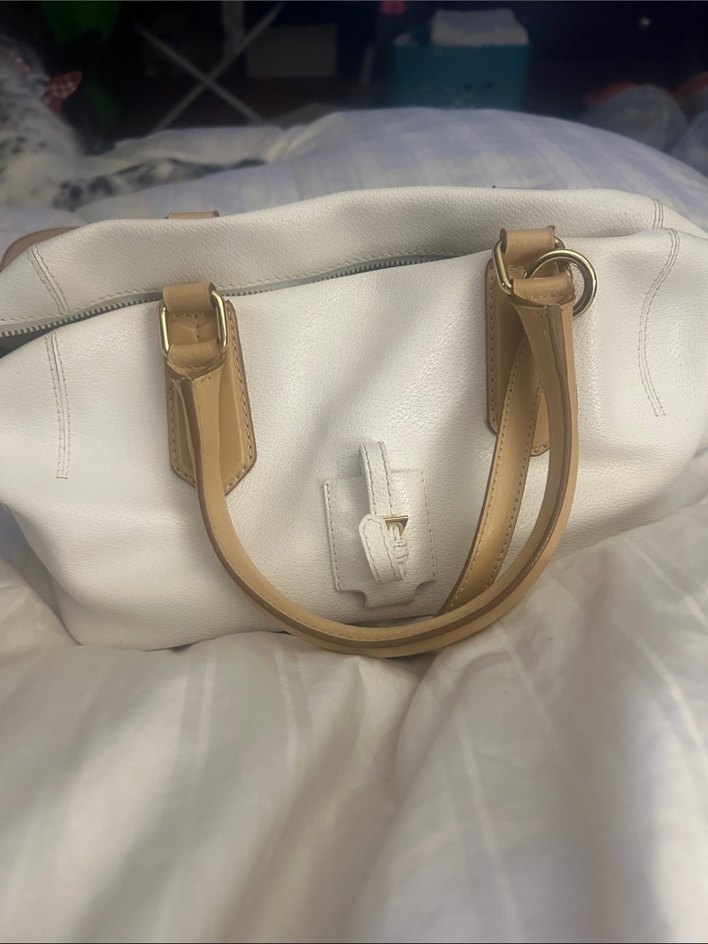 Cream Satchel with Tan Handles and Gold Hardware